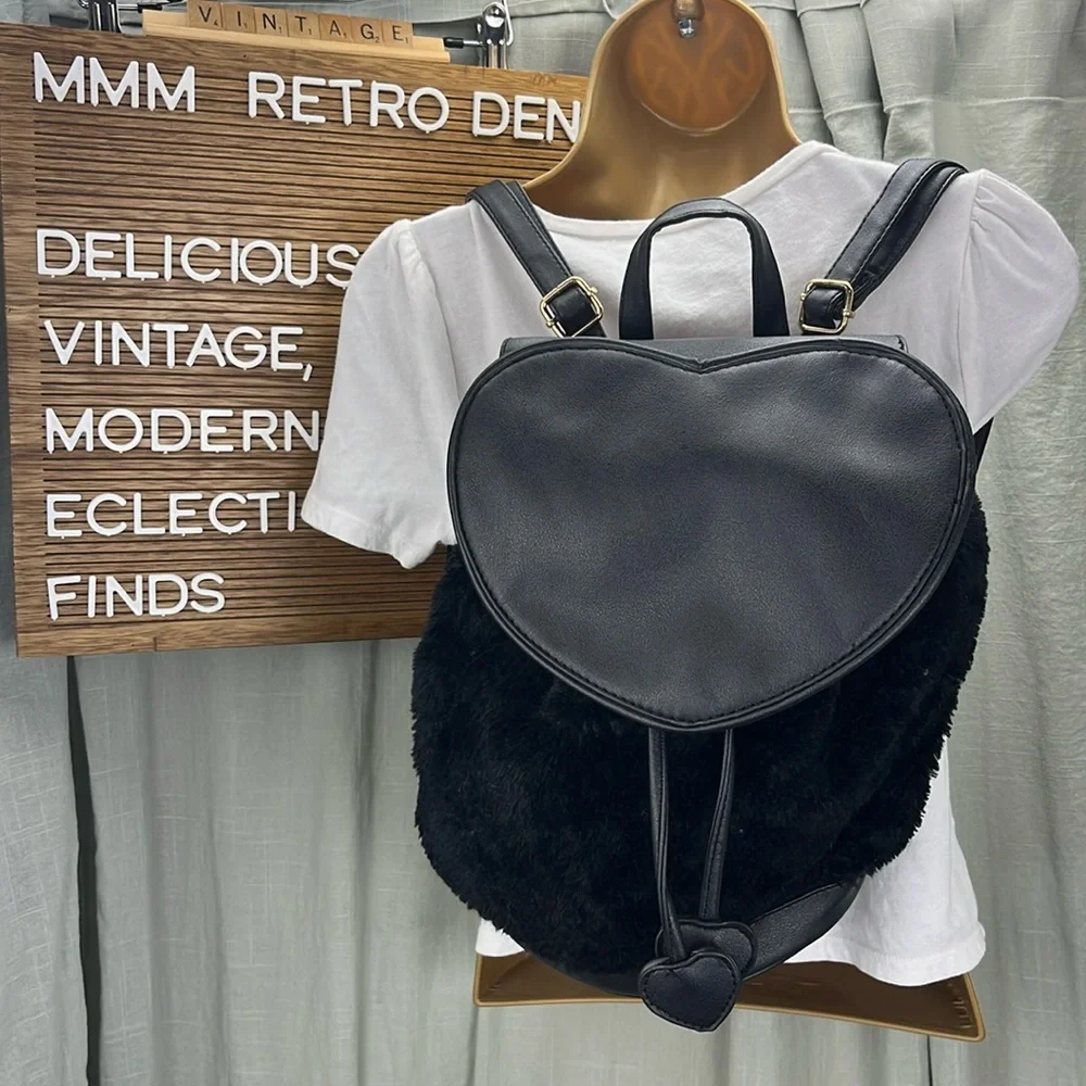 Black Faux Fur Mini Heart Backpack With Faux Leather Heart Flap and Pulls